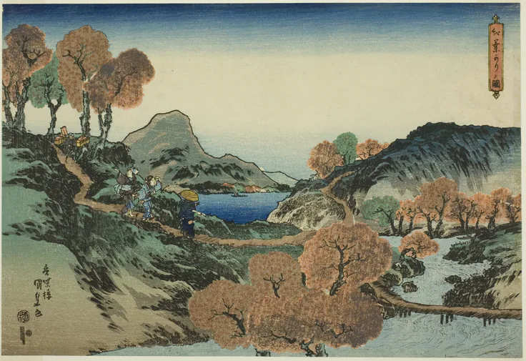 Viewing Maple Trees: color woodblock print by Utagawa Kunisada I, 1835.