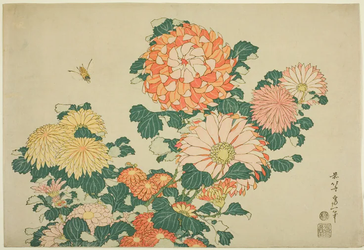 Chrysanthemum and Horsefly, from an untitled series of Large Flowers: color woodblock print; oban by Katsushika Hokusai 葛飾 北斎, c. 1831–33.