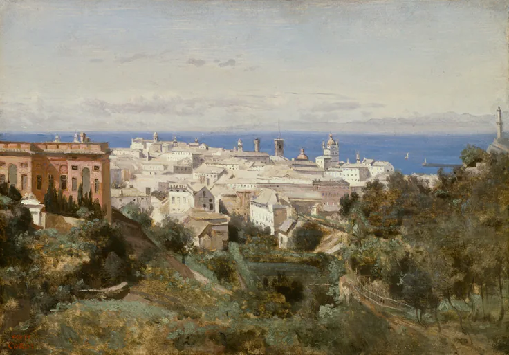View of Genoa: oil on paper, mounted on canvas by Jean-Baptiste-Camille Corot, 1834.