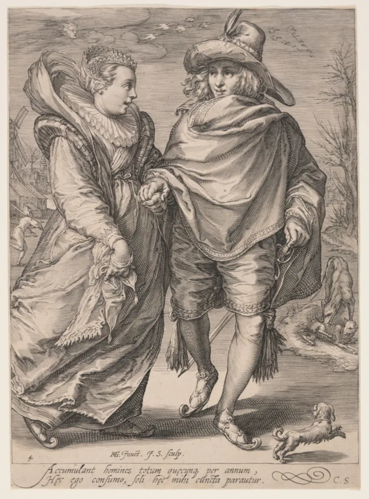 Winter (Young Couple Skating), from The Four Seasons: engraving on laid paper by Jan Saenredam, 1601.