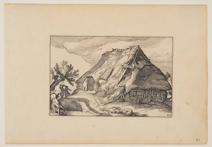A Barn, from Landscapes (Verscheyden aerdige Lanthuysen...): etching on ivory laid paper by Claes Jansz. Visscher, 1620.