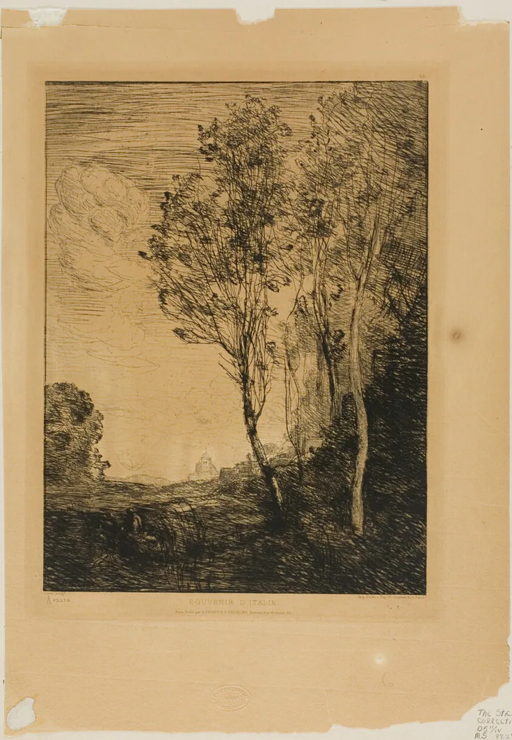Remembrance of Italy: etching on tan laid paper by Jean-Baptiste-Camille Corot, c. 1866.