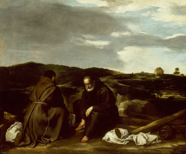 Two Monks in a Landscape: oil on canvas by Italian or Spanish, c. 1645.