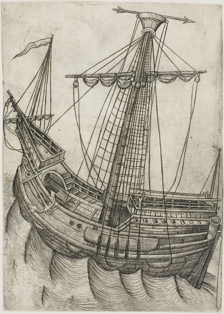 Ship with Sails Furled and Arrow Pointing to the Right: engraving on cream laid paper by Master W with the Key, 1475/85.