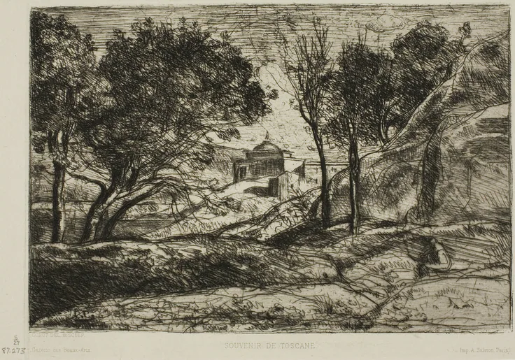 Souvenir of Tuscany: etching on ivory laid paper by Jean-Baptiste-Camille Corot, c. 1845.