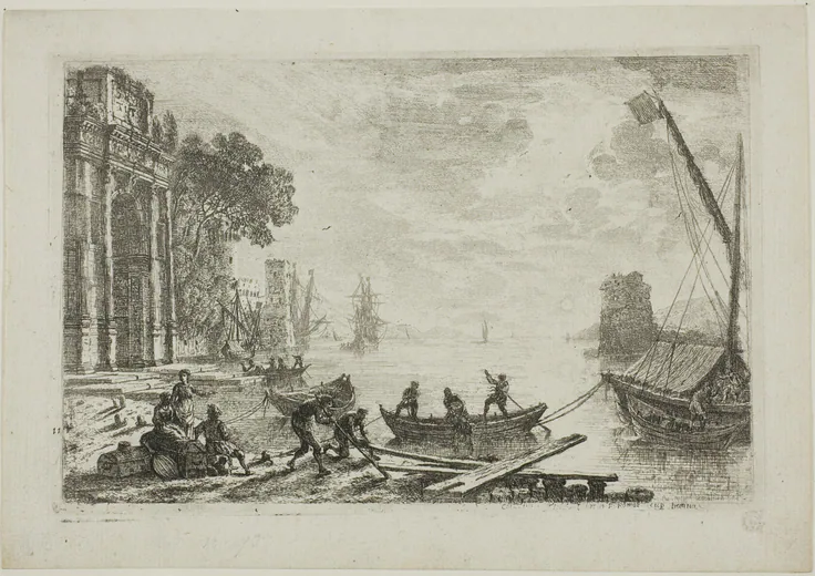 Harbor Scene with Rising Sun: etching on ivory laid paper by Claude Lorrain, 1634.