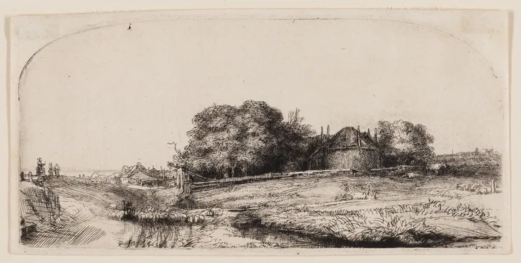 Cottages and a Hay Barn on the Diemerdijk with a Flock of Sheep: etching and drypoint on ivory paper by Rembrandt van Rijn, 1650.