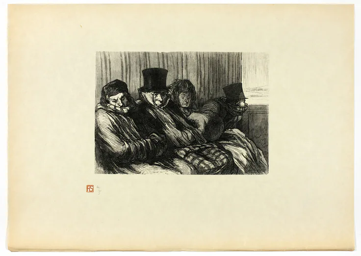 Train de plaisir, dix degrés d'ennui et de mauvaise humeur, from Tirage Unique de Trente-Six Bois: wood engraving on ivory Japanese paper by Charles Maurand, 1862, printed 1920.