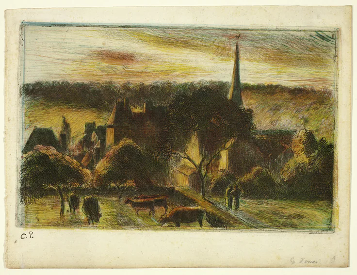 Church and Farm at Éragny: color etching and aquatint on ivory laid paper by Camille Pissarro, 1895, printed 1930.