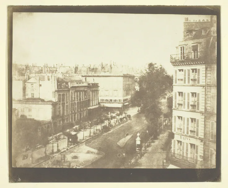 View of the Boulevards at Paris: salted paper print by William Henry Fox Talbot, 1843.