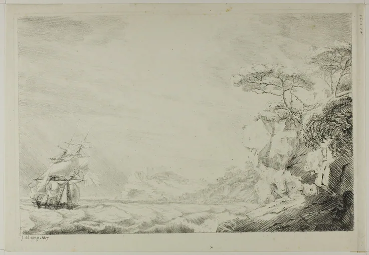 Landscape with Sailing Ship: lithograph in black on ivory wove paper by probably Johann Joseph Chapuy, 1817.