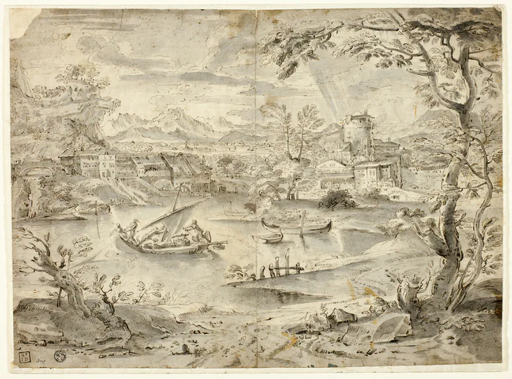 View of City with Fishing Boat in Foreground: drawings (visual works) by Unknown Artist, n.d..