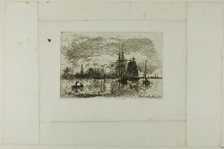 Setting Sun, Antwerp Harbor: etching on ivory laid paper by Johan Barthold Jongkind, 1868.