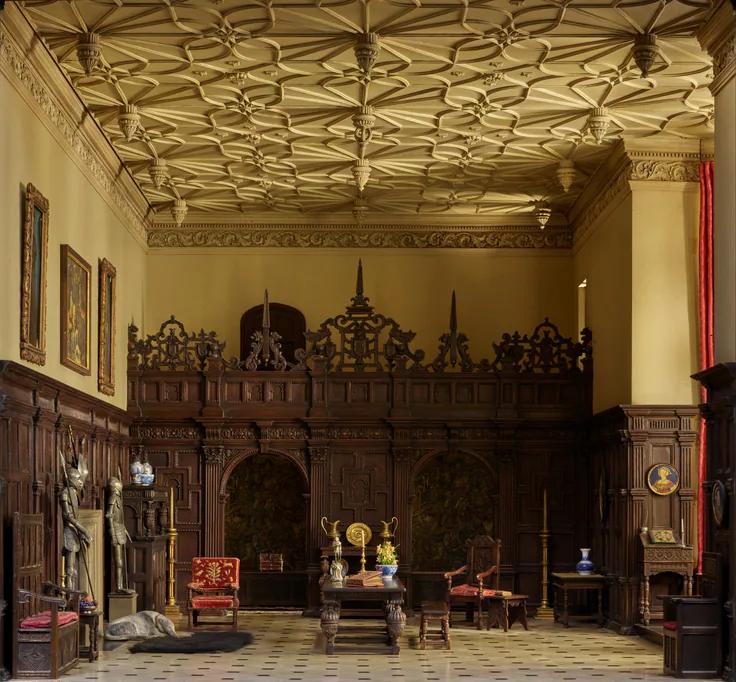 E1: English Great Room of the Late Tudor Period, 1550–1603: miniature room, mixed media by Designed by Narcissa Niblack Thorne, c. 1937.