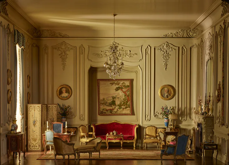 E21: French Boudoir of the Louis XV Period, 1740–60: miniature room, mixed media by Designed by Narcissa Niblack Thorne, c. 1937.