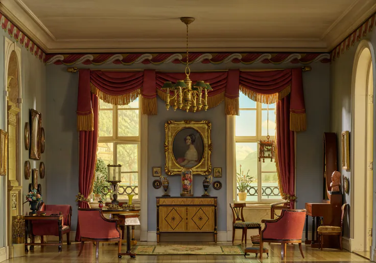 E28: German Sitting Room of the Biedermeier Period, 1815–50: miniature room, mixed media by Designed by Narcissa Niblack Thorne, c. 1937.