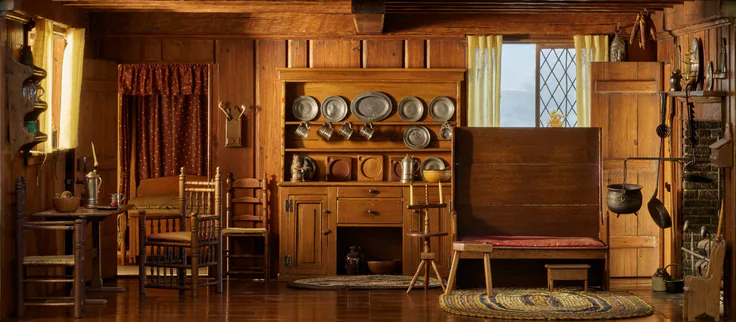 A1: Massachusetts Living Room and Kitchen, 1675–1700: miniature room, mixed media by Designed by Narcissa Niblack Thorne, c. 1940.
