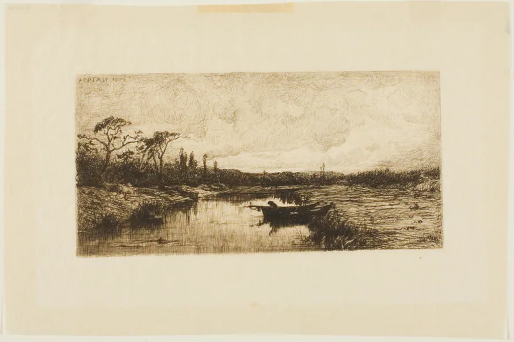 An Autumn Evening: Near Rossillon: etching on ivory Japanese paper by Adolphe Appian, 1874.