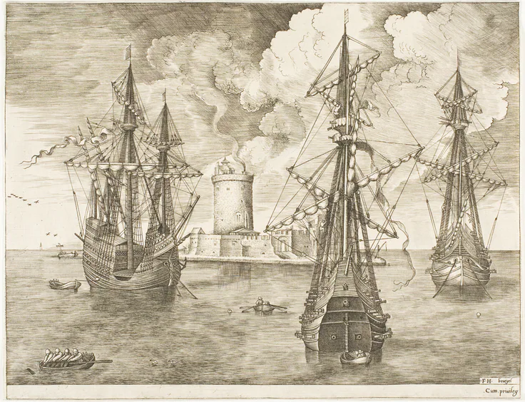 Four-Master and Two Three-Masters Anchored near a Fortified Island with a Lighthouse, from The Sailing Vessels: engraving in black on ivory laid paper by Frans Huys, c. 1560–62, published 1665.