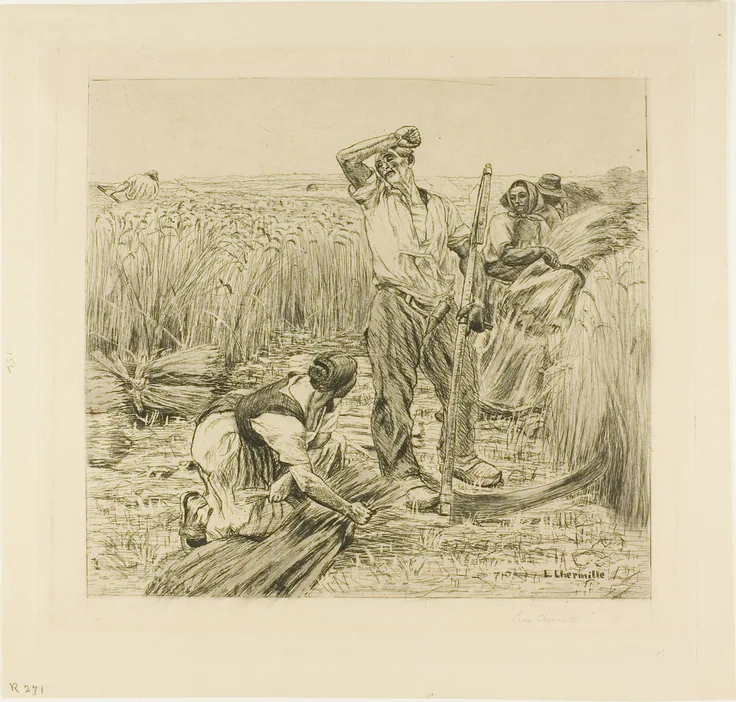 Harvest: etching, aquatint, and scraping on tan wove paper by Léon Augustin Lhermitte, 1872.