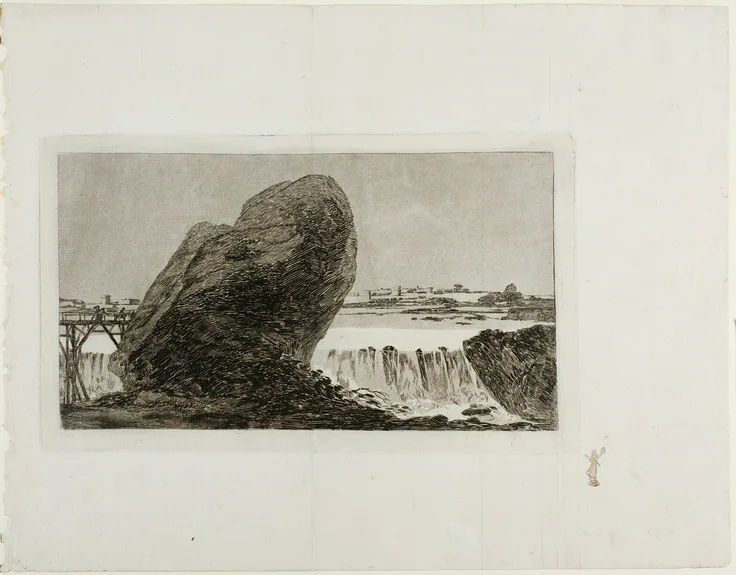 Landscape with Waterfall: etching and burnished aquatint on laid paper by Francisco José de Goya y Lucientes, before 1810.