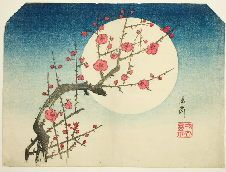 A Red Plum Branch against the Summer Moon: color woodblock print; uchiwa-e by Utagawa Hiroshige 歌川 広重, c. mid–1840s.