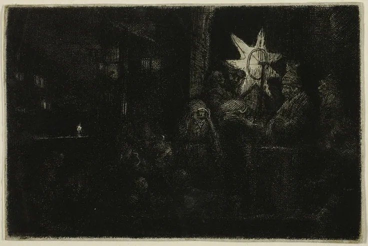 The Star of the Kings: A Night Piece: etching, drypoint, and engraving on ivory laid paper by Rembrandt van Rijn, c. 1651.