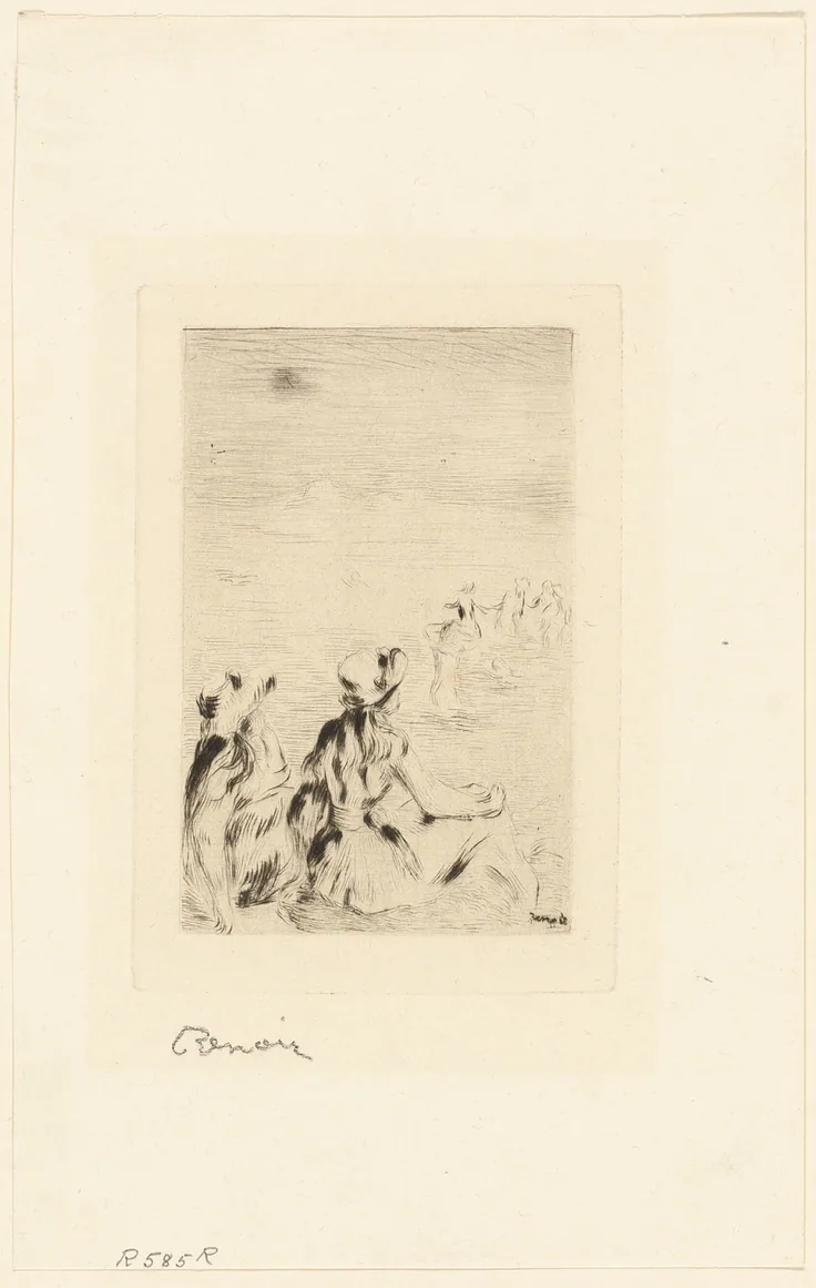 Children on the Beach, Berneval: etching and drypoint in warm black on ivory wove paper by Pierre Auguste Renoir, c. 1892.