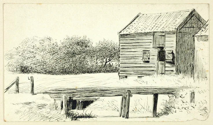 Barn and Bridge: pen and black ink on ivory wove paper by Henry Stacy Marks, n.d..