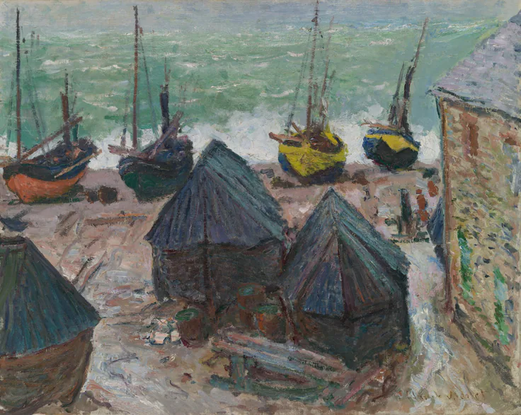 Boats on the Beach at Étretat: oil on canvas by Claude Monet, 1885.
