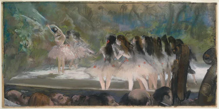 Ballet at the Paris Opéra: pastel over monotype on cream laid paper by Edgar Degas, 1877.