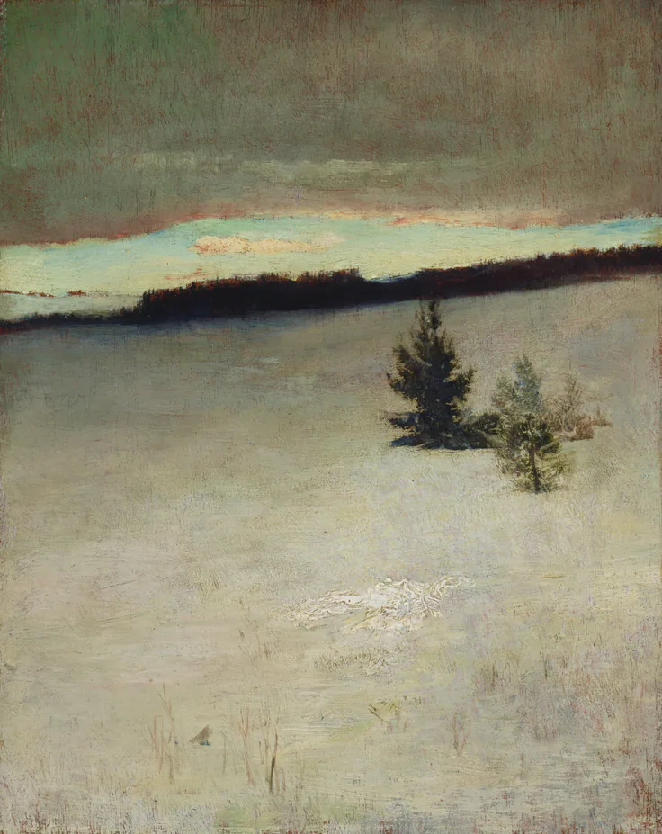 Snow Field, Morning, Roxbury: oil on beveled mahogany panel by John La Farge, 1864.