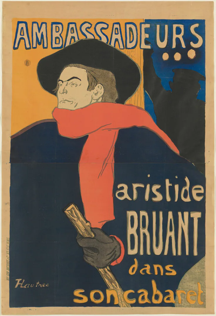 Ambassadeurs: Aristide Bruant: color lithograph on tan wove paper by Henri de Toulouse-Lautrec, 1892.