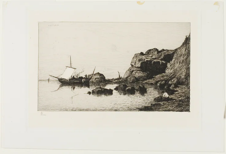 Fishing Craft near the Cliffs at Collioure: etching on China paper colle laid down on white wove paper by Adolphe Appian, 1878.