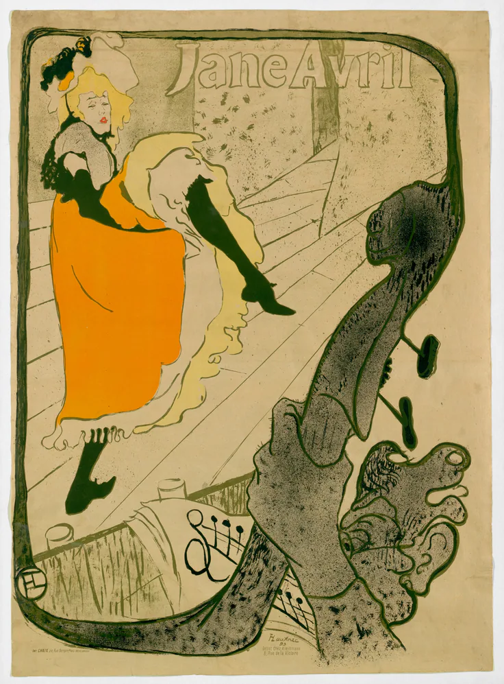 Jane Avril: color lithograph on tan wove paper by Henri de Toulouse-Lautrec, 1893.