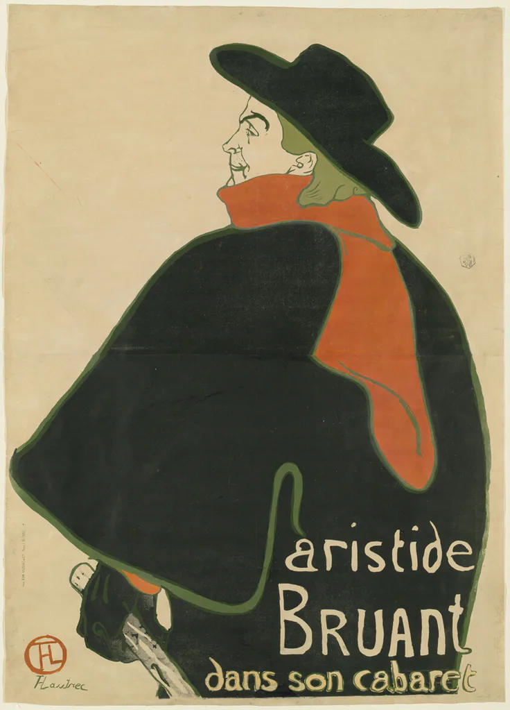 Aristide Bruant, in His Cabaret: color lithograph on buff wove paper by Henri de Toulouse-Lautrec, 1893.