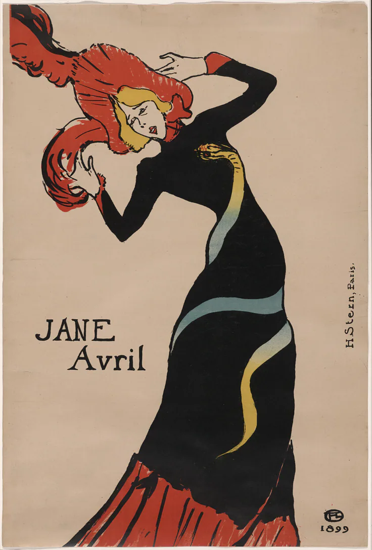 Jane Avril: color lithograph on tan wove paper by Henri de Toulouse-Lautrec, 1899.
