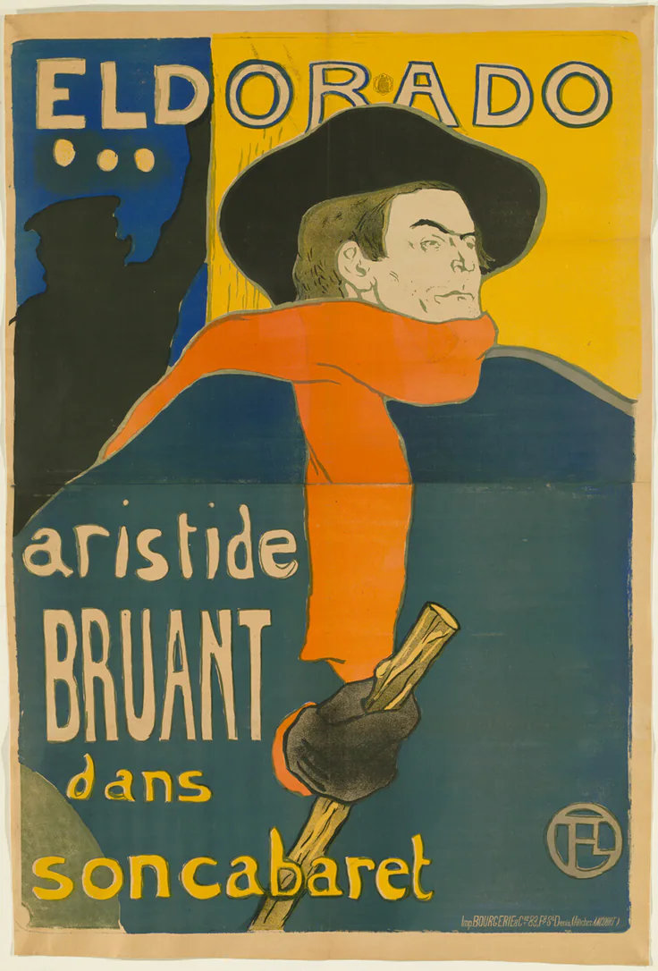 Eldorado: Aristide Bruant: color lithograph on tan wove paper by Henri de Toulouse-Lautrec, 1892.