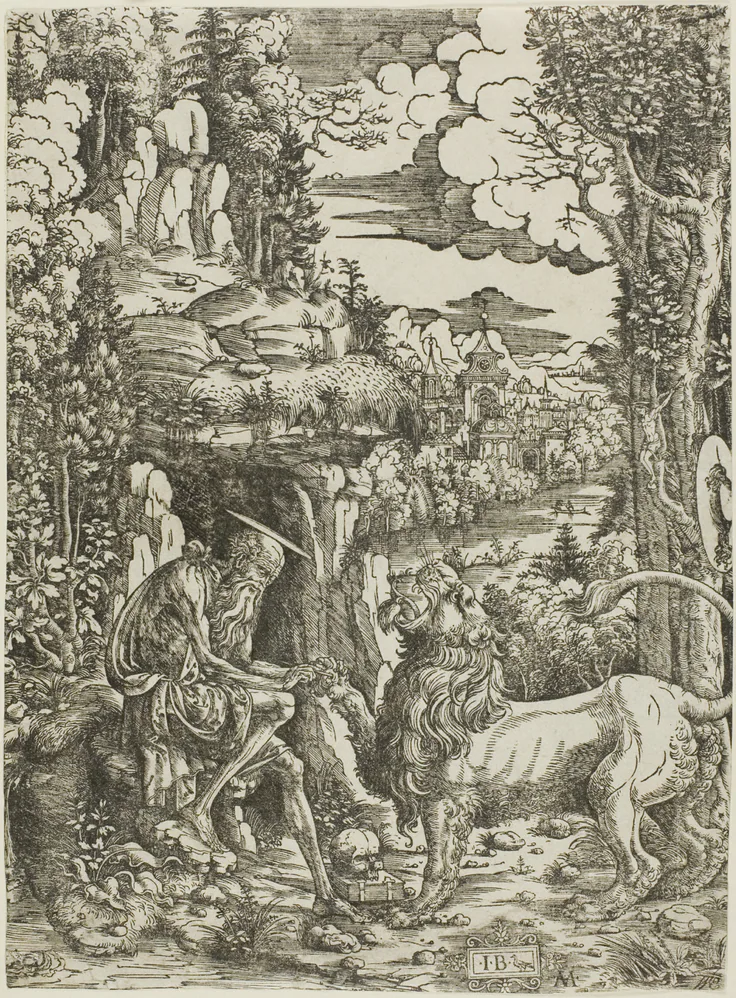Saint Jerome and the Lion: woodcut in black on paper by Master I.B. with the Bird, c. 1509.