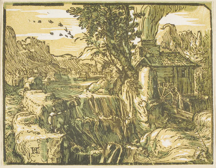 Landscape with a Waterfall, from Four Small Landscapes: woodcut by Hendrick Goltzius, 1597/1600, printed 1605/20.