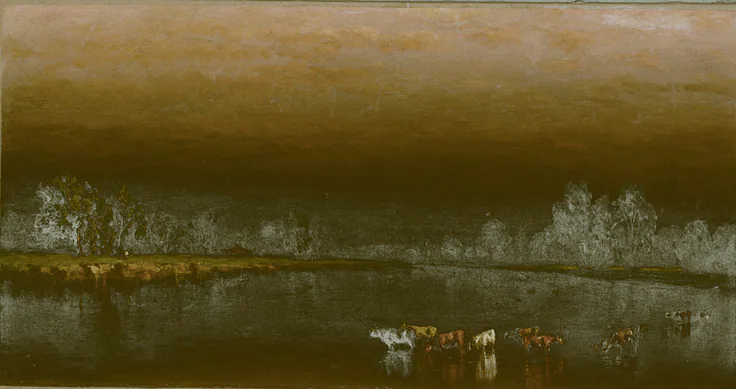 Cows in a Pond at Sunset: oil on canvas by Sanford Robinson Gifford, 1860.