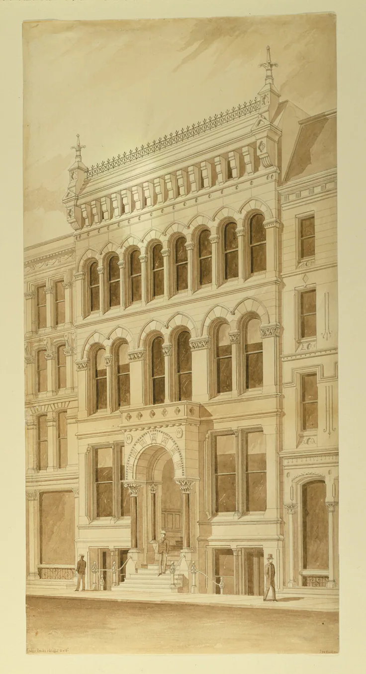 Lenox Building, Chicago, Illinois, Perspective: ink and wash on paper by Carter, Drake and Wight, 1872.