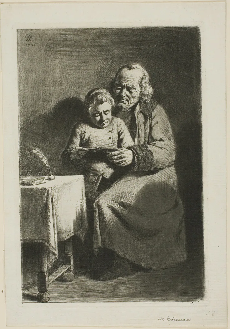 Old Man with a Boy Reading: etching on paper by Jean Jacques de Boissieu, 1770.