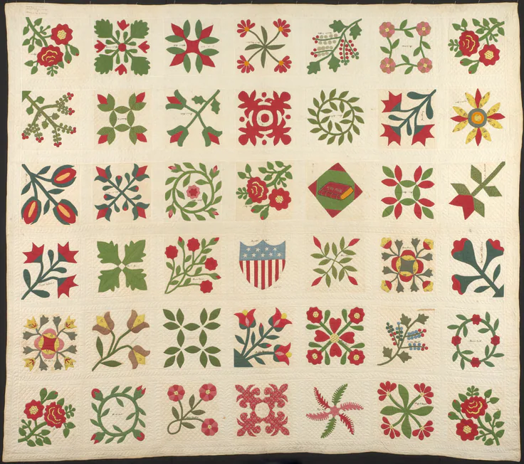 "The Circuit Rider's Quilt": textile by Made by members of the Class of Low Chapel, United Brethren Church, About 1868.