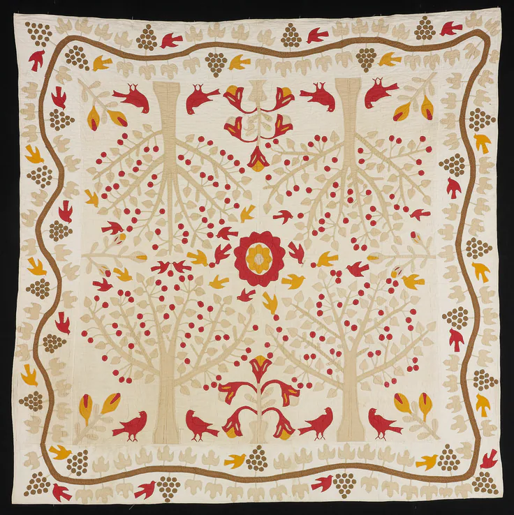 "Cherry Tree and Robin" Quilt: appliquéd quilt; dyed and undyed plain weave cotton fabrics by United States, 1820/50.