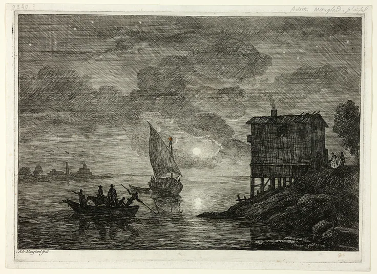 Moonlit Harbor Scene with Ferry: etching with touches of engraving and burnishing, on paper by Adrien Manglard, 1753/54.