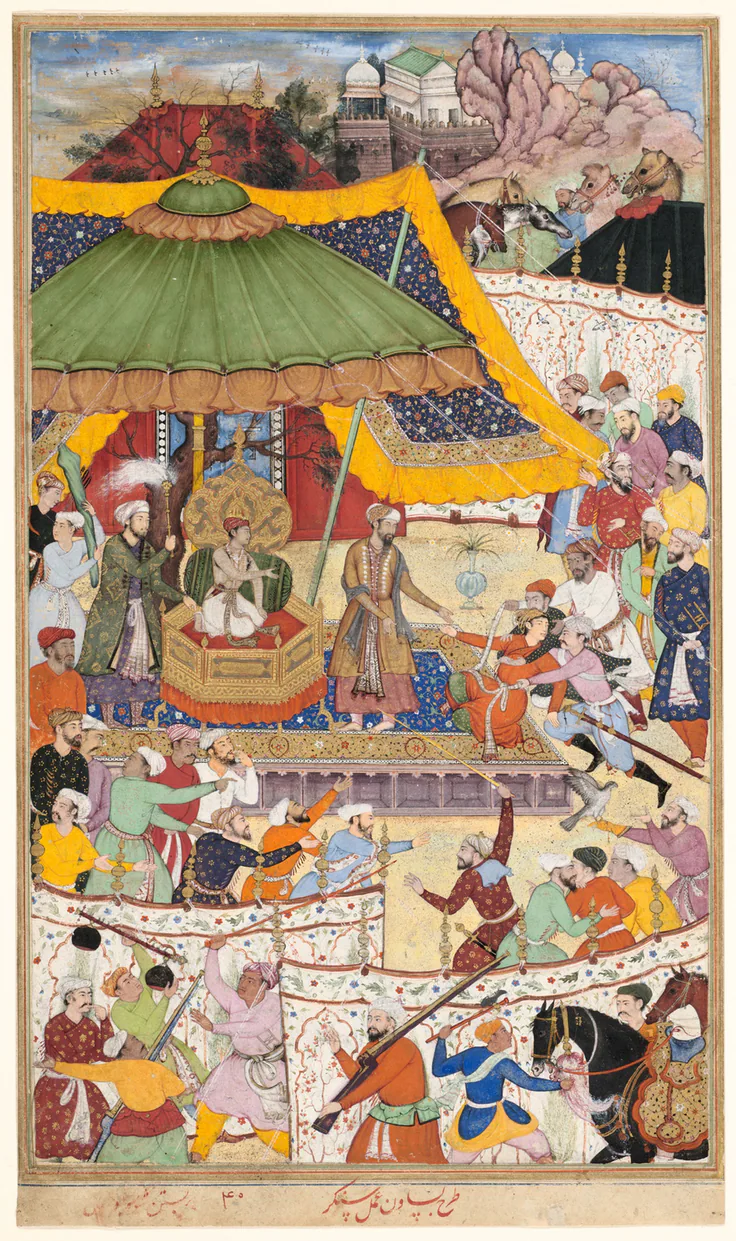 The Young Emperor Akbar Arrests the Insolent Shah Abu’l-Maali, Page from a Manuscript of the Akbarnama: opaque watercolor and gold on paper by India, Mughal dynasty (1526-1857), c. 1590-1595.