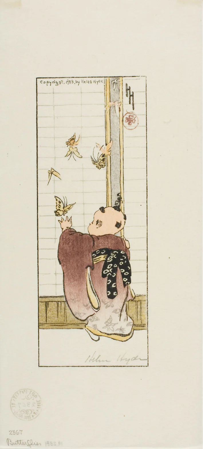 Butterflies: color woodcut on ivory Japanese paper by Helen Hyde, 1908.