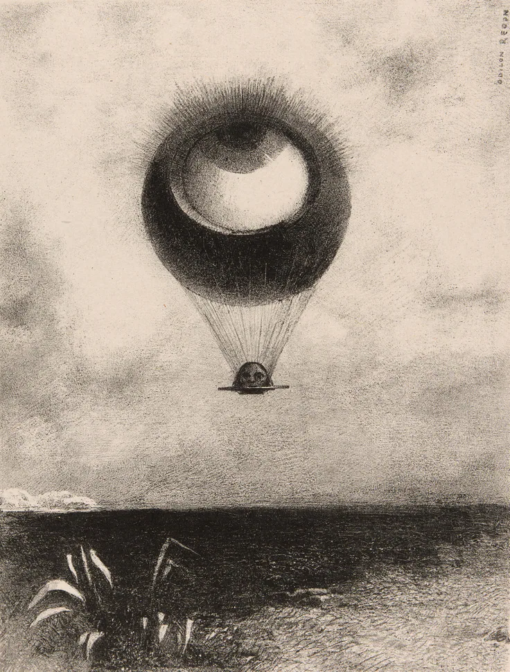 The Eye, Like a Strange Balloon Moves Towards Infinity, plate one from To Edgar Poe: lithograph by Odilon Redon, 1882.