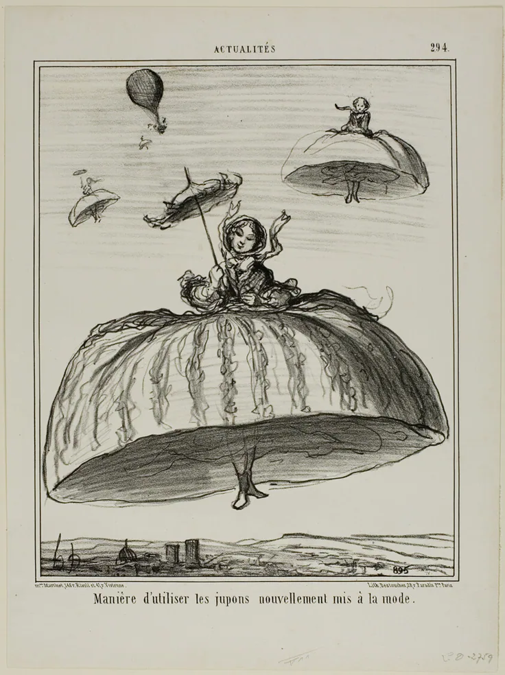 Another way to make use of the new petticoats that have lately become fashionable, plate 294 from Actualités: lithograph in black on white wove paper by Honoré Victorin Daumier, 1856.
